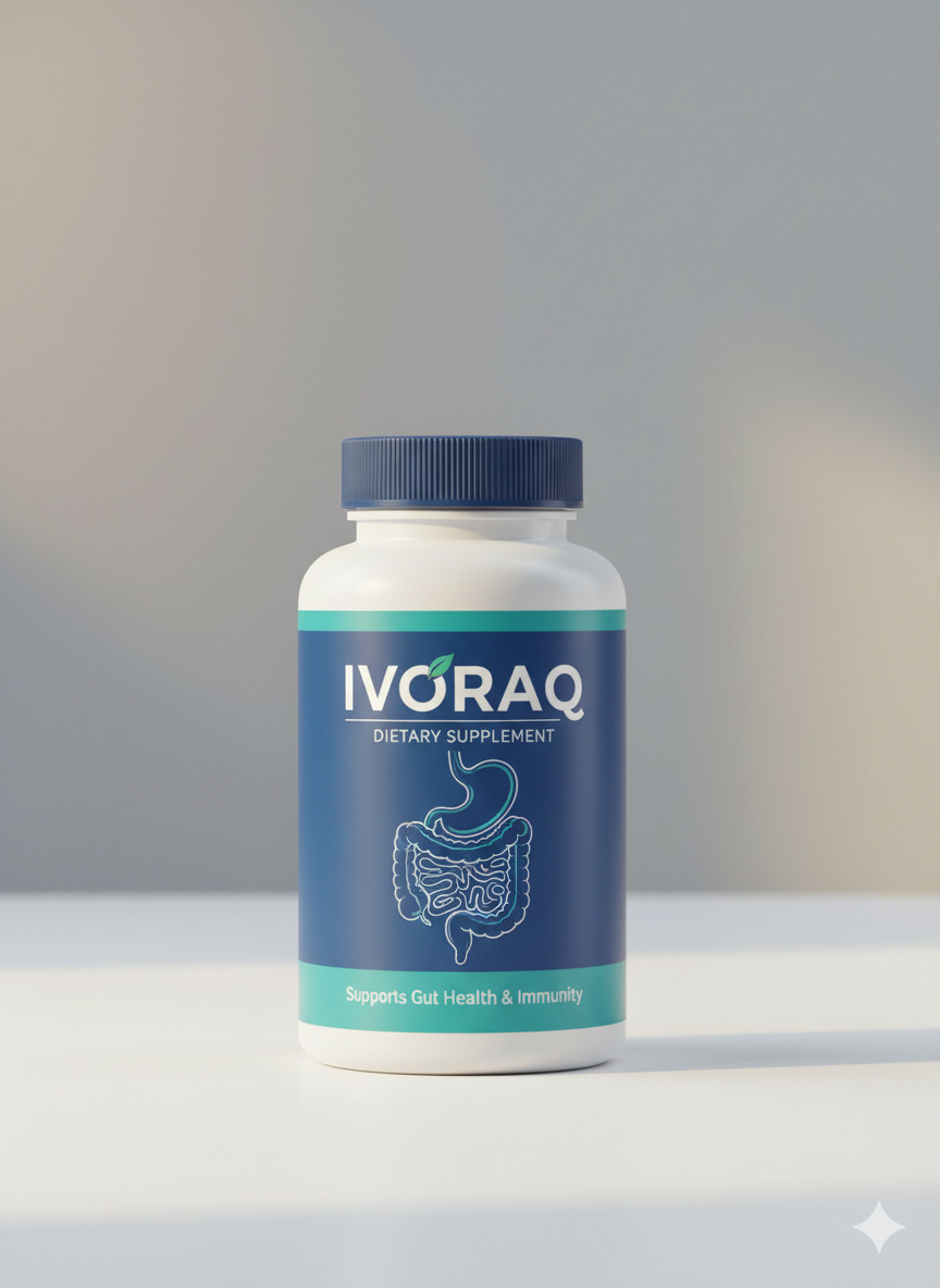 Ivoraq dietary supplement bottle on a neutral surface with soft studio lighting